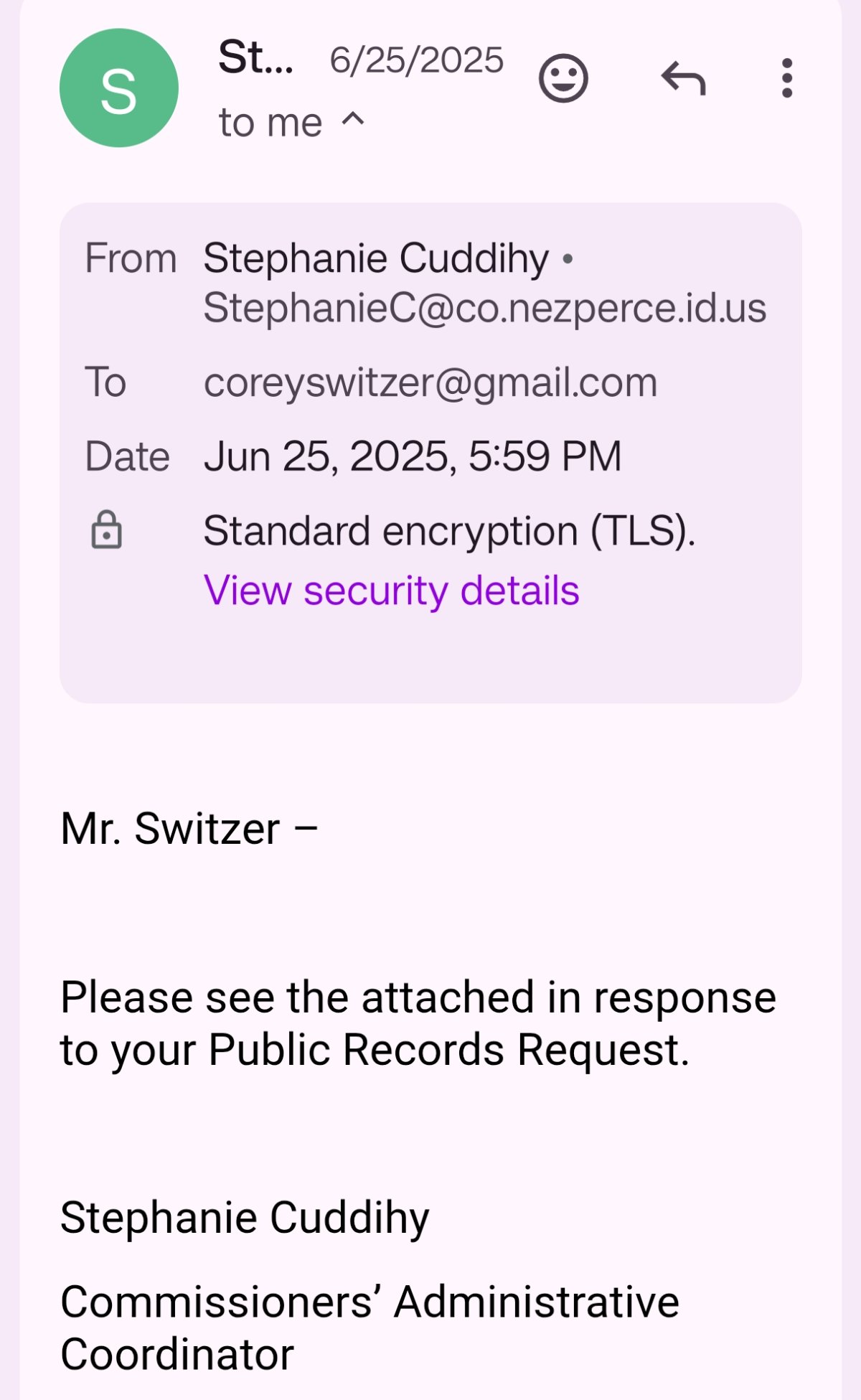 Stephanie Cuddihy, Response to PRA request, email between Turner and Coleman