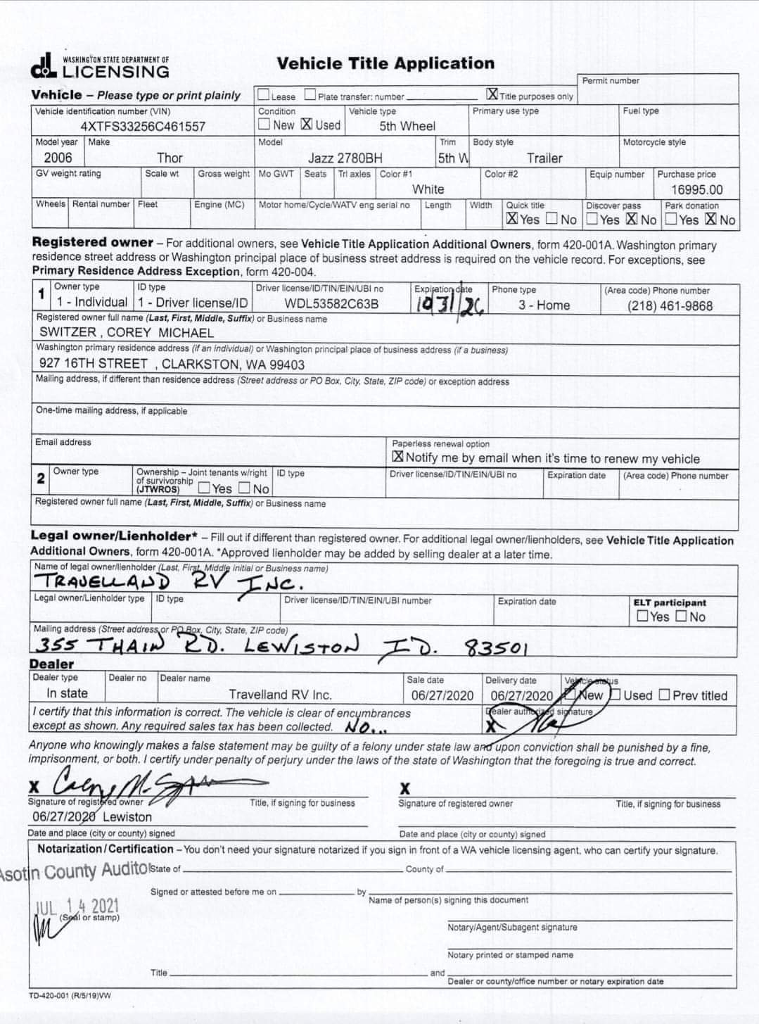 Washington Title Application