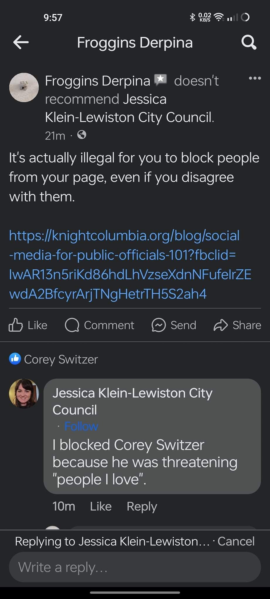 Klein blocks Switzer for reporting bribery.